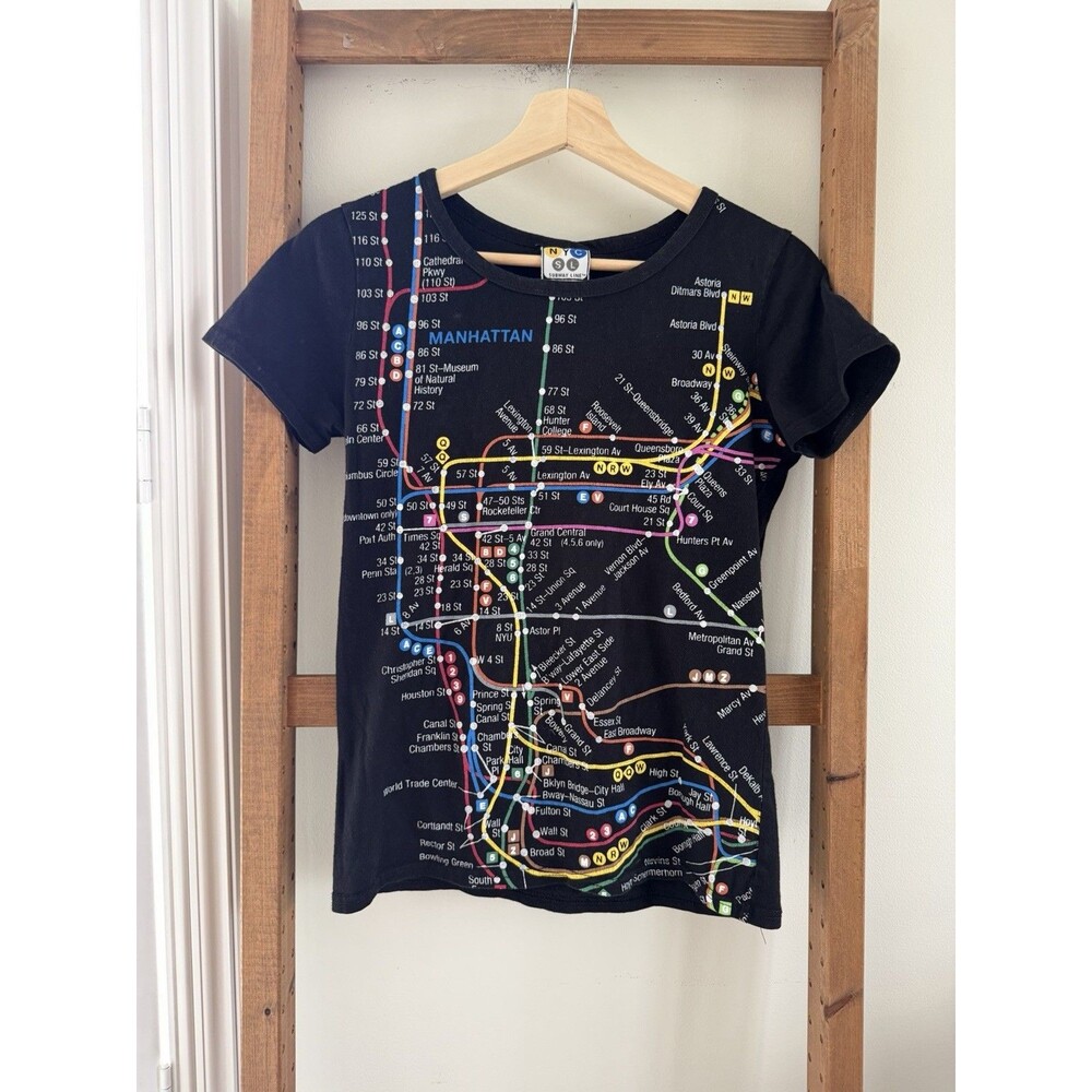 VTG New York Shirt Size M AOP All Over Map Print NYC Subway Line Train Women's